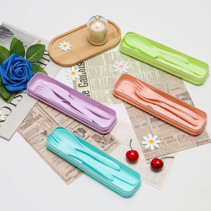 4 Sets Reusable Utensils with Case, Wheat Straw Travel Cutlery Portable Knife Fork and Spoon, Lunch Utensils Set for Camping Travel (Autumn)