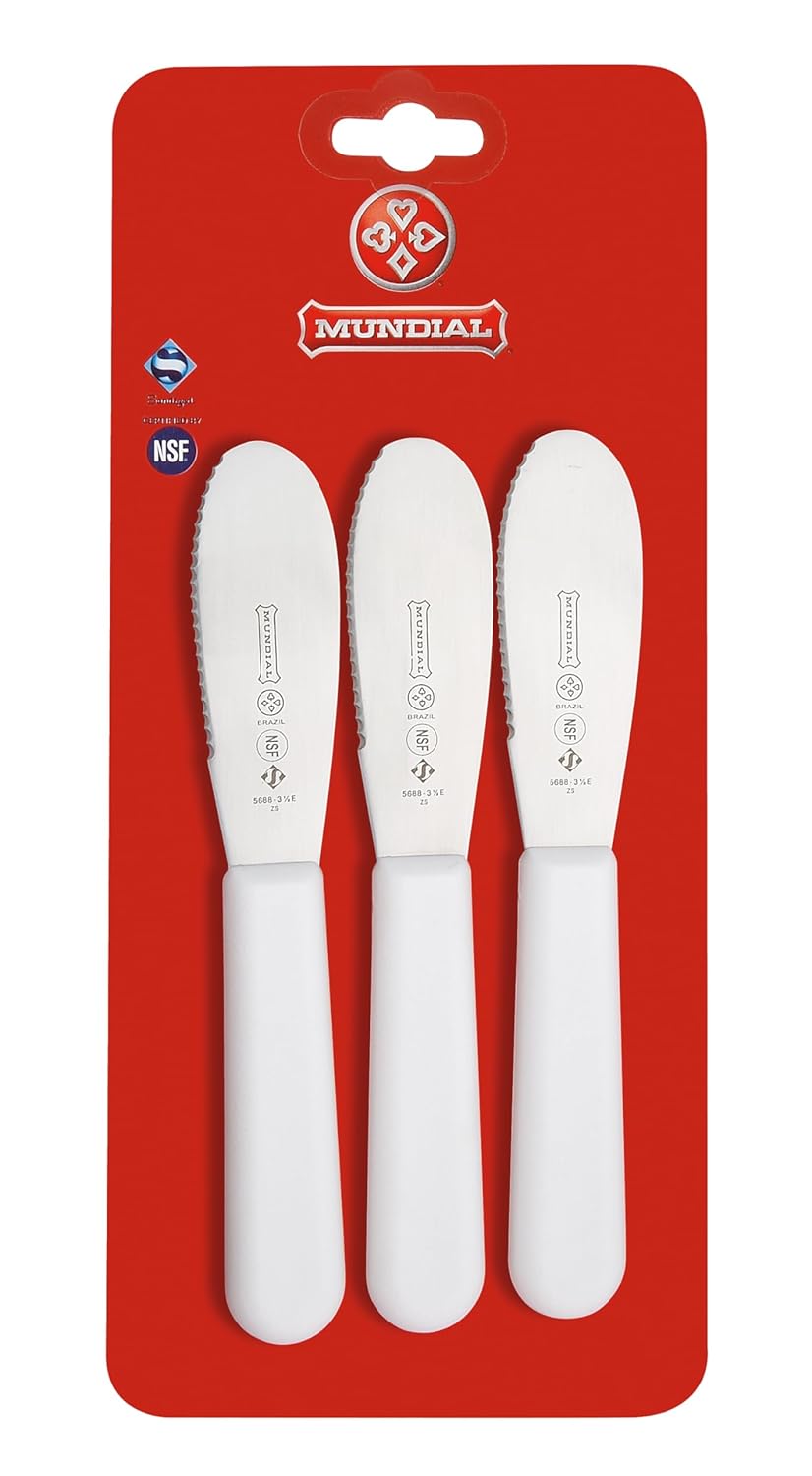 3.5 Inch Serrated Edge Sandwich Spreader in White - Set of 3 - Brazilian High Carbon Stainless Steel Knife - Ergonomic Polypropylene Handles