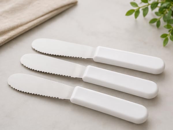 3.5 Inch Serrated Edge Sandwich Spreader in White - Set of 3 - Brazilian High Carbon Stainless Steel Knife - Ergonomic Polypropylene Handles