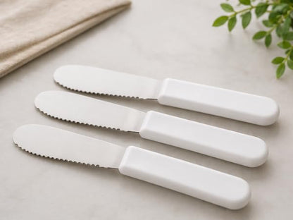 3.5 Inch Serrated Edge Sandwich Spreader in White - Set of 3 - Brazilian High Carbon Stainless Steel Knife - Ergonomic Polypropylene Handles