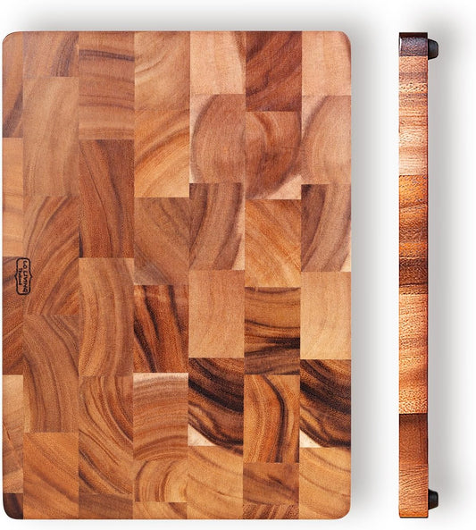 Thai Acacia Wood Grande Rectengular Cutting Board w/Footer, best for chopping serving butcher board, prep station, kitchen deco, cheese, meat, bread, 15.7"x11.2" / 17.7”x 1.8” (Large)