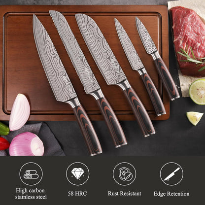 Kitchen Knife Set 5 Piece Chef Knife Set Professional High Carbon Stainless Steel, Sharp Kitchen Knives with Wooden Handle