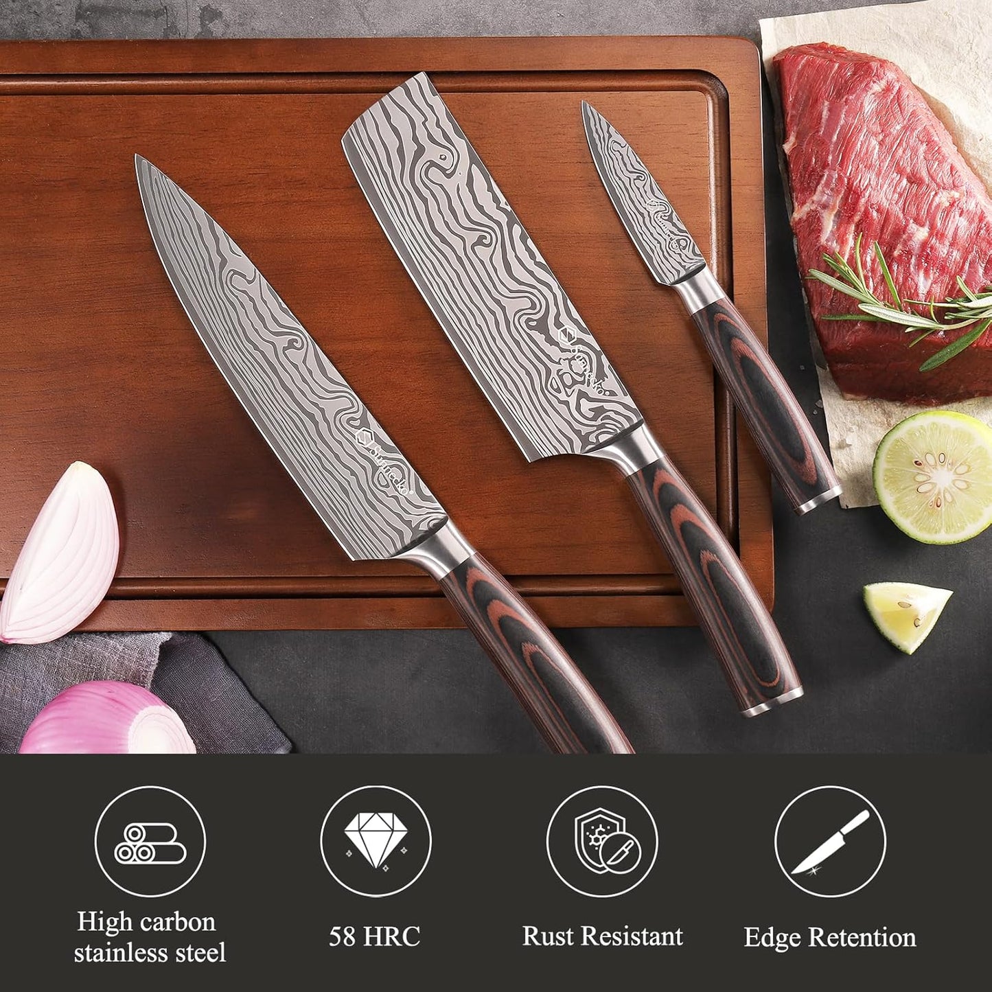Kitchen Knife Set 5 Piece Chef Knife Set Professional High Carbon Stainless Steel, Sharp Kitchen Knives with Wooden Handle