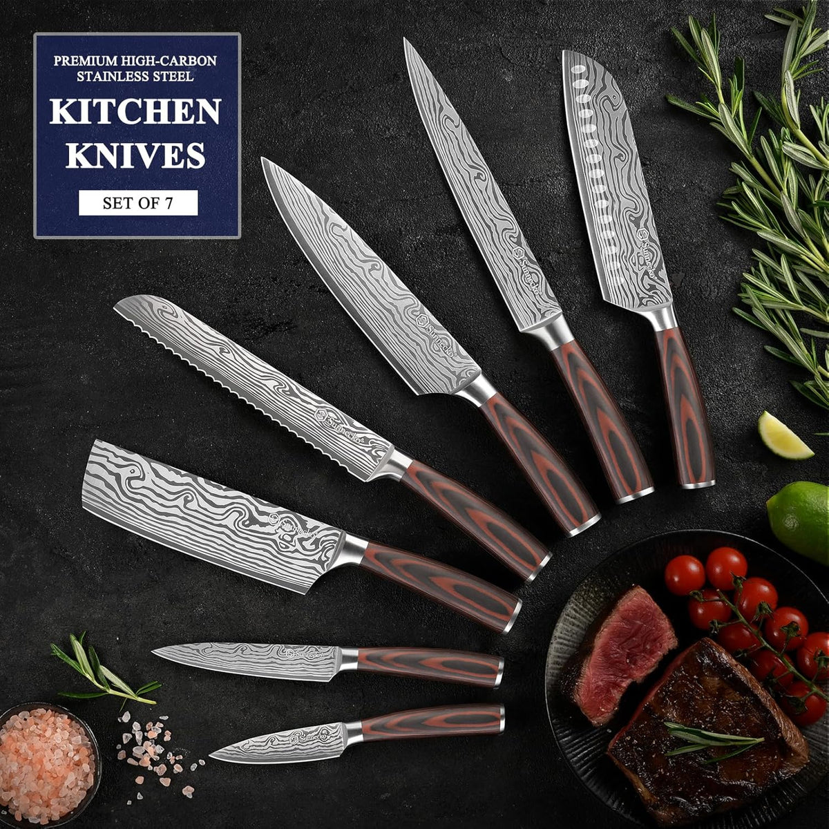 Kitchen Knife Set 5 Piece Chef Knife Set Professional High Carbon Stainless Steel, Sharp Kitchen Knives with Wooden Handle