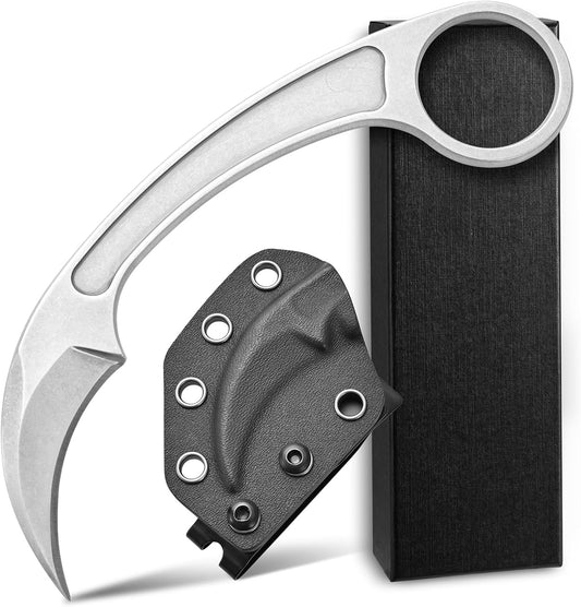 Ccanku C1102 Fixed Blade Knife, D2 Blade Stainless Steel Handle Claw Knife with K Sheath for Outdoor EDC Hunting Survival (Silver)