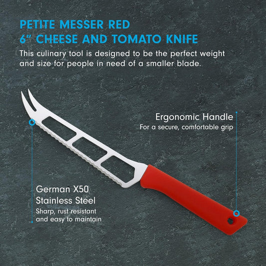 Petite Messer 6” Cheese & Tomato Knife, Red - German 1.4116 Stainless Steel & Ergonomic Handle - Lightweight, Rust Resistant & Easy to Maintain