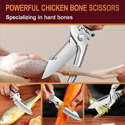 All Purpose Heavy Duty Kitchen Scissors for Food, Detachable Dishwasher Safe Poultry Shears with Spring-Loaded Chicken Bone Cutter (Brown)