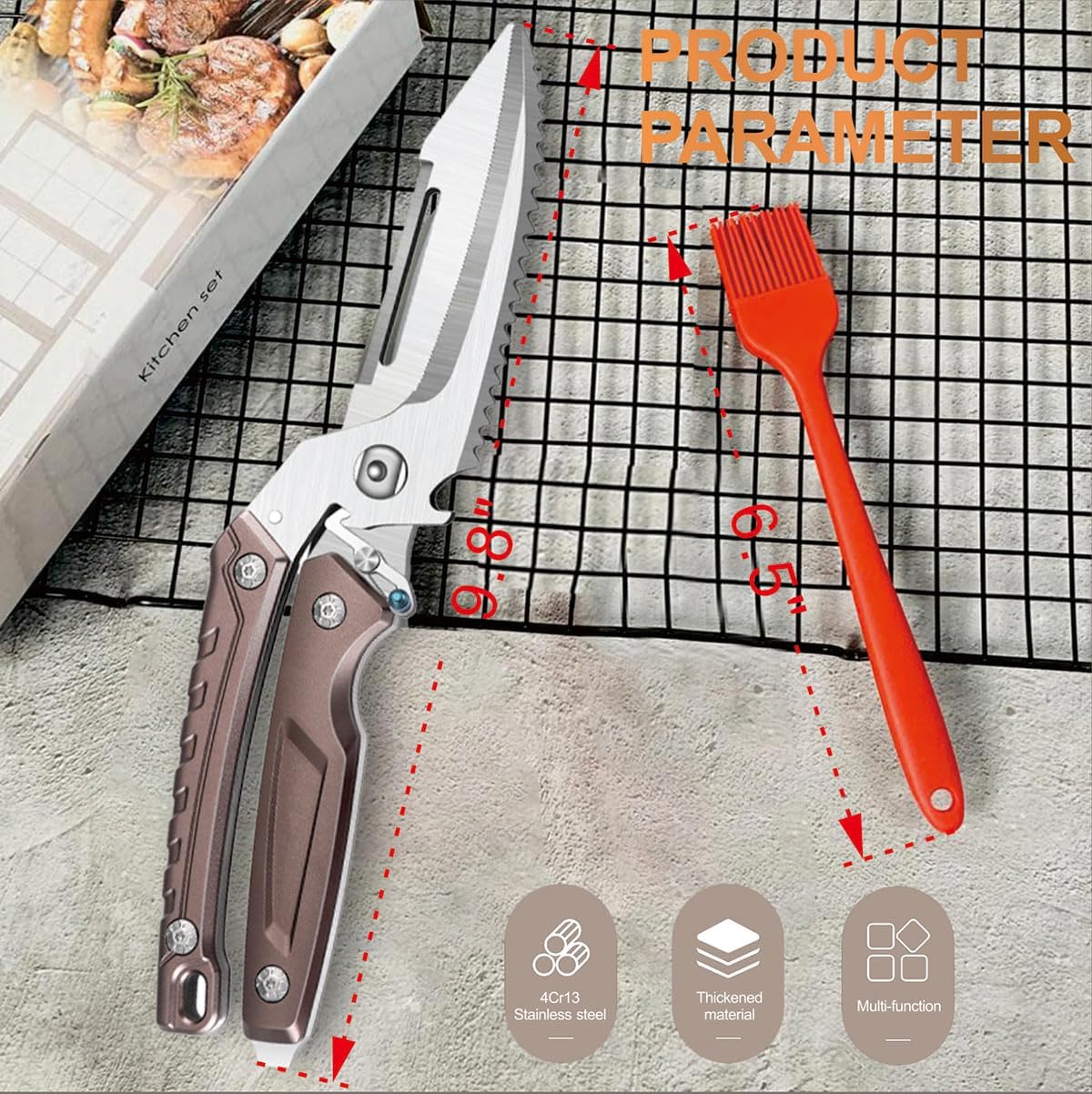 All Purpose Heavy Duty Kitchen Scissors for Food, Detachable Dishwasher Safe Poultry Shears with Spring-Loaded Chicken Bone Cutter (Brown)