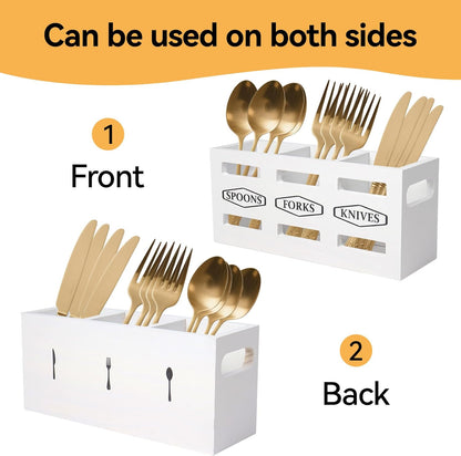 Wooden Cutlery Silverware Caddy with Removable Dividers, Flatware Utensil Storage Organizer for Party, 3-Section Knife Spoon and Fork Holder for Countertop Kitchen Dining Room(White)