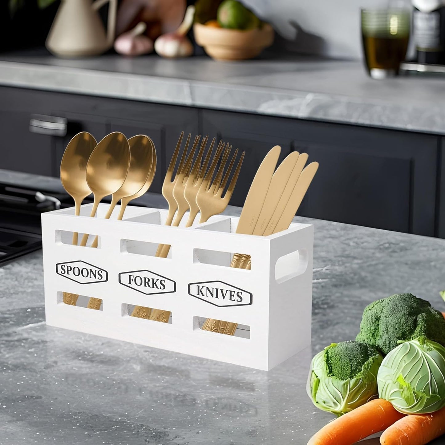 Wooden Cutlery Silverware Caddy with Removable Dividers, Flatware Utensil Storage Organizer for Party, 3-Section Knife Spoon and Fork Holder for Countertop Kitchen Dining Room(White)