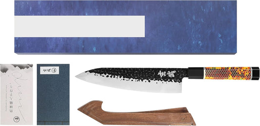 Concord Genbu Traditional Japanese Chef's Knife Raw Hammered Double Beveled 9CR18MOV Blade w/ 60 HRC. Tortoise Shell Resin Handle. Comes with Magnetic Magnolia Wood Sheath with Stand. (8" Gyuto)