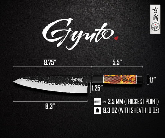 Concord Genbu Traditional Japanese Chef's Knife Raw Hammered Double Beveled 9CR18MOV Blade w/ 60 HRC. Tortoise Shell Resin Handle. Comes with Magnetic Magnolia Wood Sheath with Stand. (8" Gyuto)