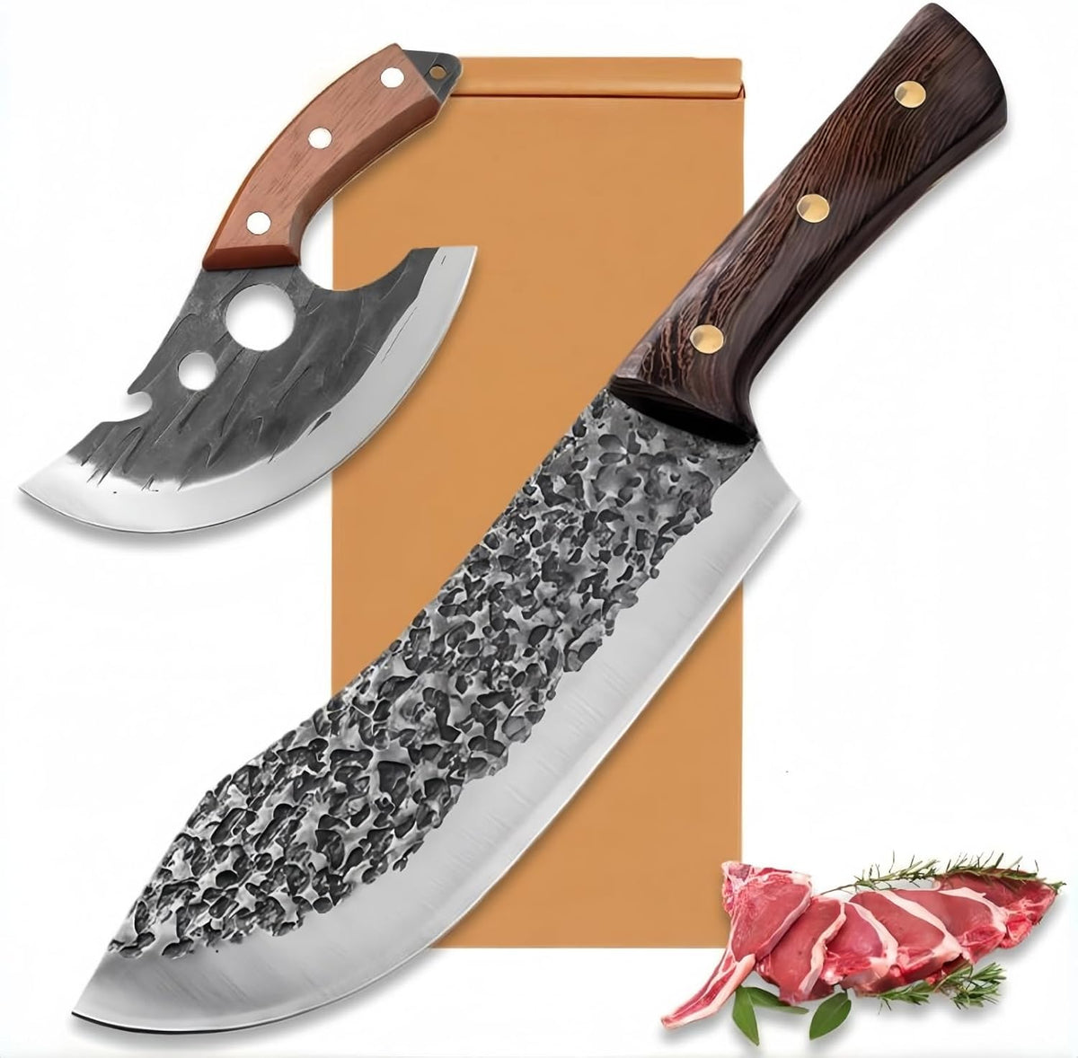Butcher Knife Set, 2PCS Hand Forged Cleaver Chef Knife BBQ& Camping Gift
