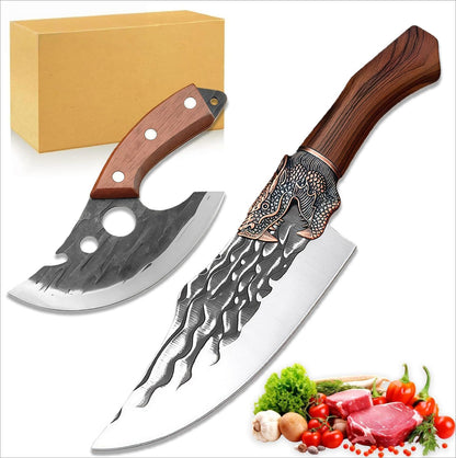 Butcher Knife Set, 2PCS Hand Forged Cleaver Chef Knife BBQ& Camping Gift