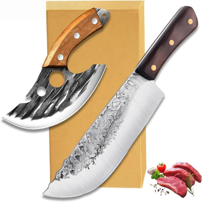 Butcher Knife Set, 2PCS Hand Forged Cleaver Chef Knife BBQ& Camping Gift