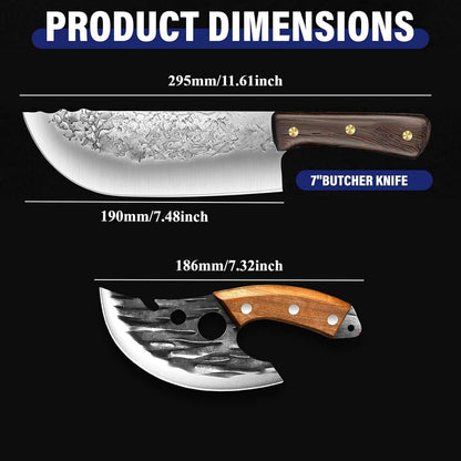 Butcher Knife Set, 2PCS Hand Forged Cleaver Chef Knife BBQ& Camping Gift