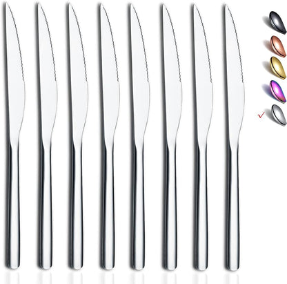 Steak Knives, 8 Piece Premium Stainless Steel Steak Knife Set, Meat Knife Sets, German Steak Knives Serrated, Tomato Knife, For Home, Kitchen or Restaurant, Dishwasher Safe (Silver-9.2 Inch)