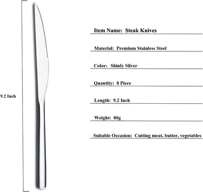 Steak Knives, 8 Piece Premium Stainless Steel Steak Knife Set, Meat Knife Sets, German Steak Knives Serrated, Tomato Knife, For Home, Kitchen or Restaurant, Dishwasher Safe (Silver-9.2 Inch)