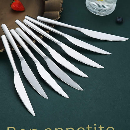 Steak Knives, 8 Piece Premium Stainless Steel Steak Knife Set, Meat Knife Sets, German Steak Knives Serrated, Tomato Knife, For Home, Kitchen or Restaurant, Dishwasher Safe (Silver-9.2 Inch)
