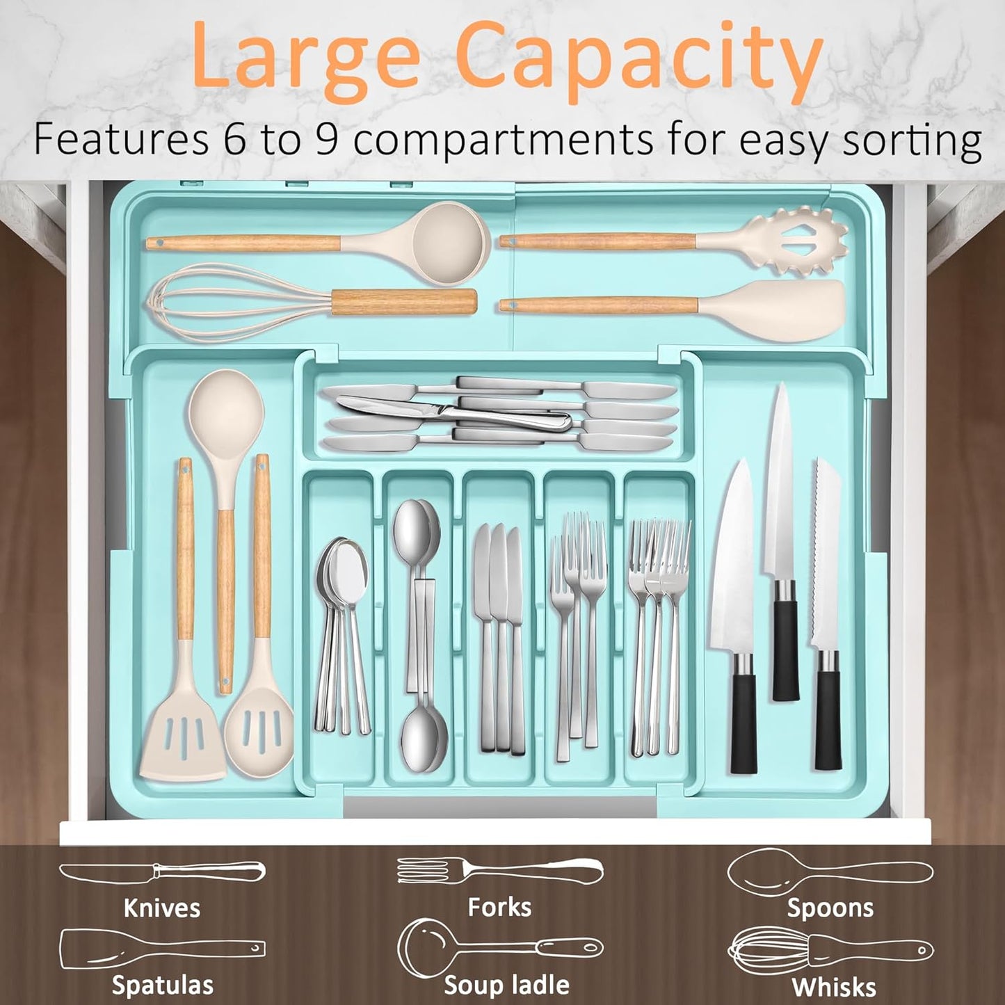 Silverware Organizer Expandable Kitchen Utensil Drawer Organizer Large BPA Free Adjustable Cutlery Silverware Tray for Spoons Forks Knives Storage Divider for Kitchen Flatware 6-9 Slots Black