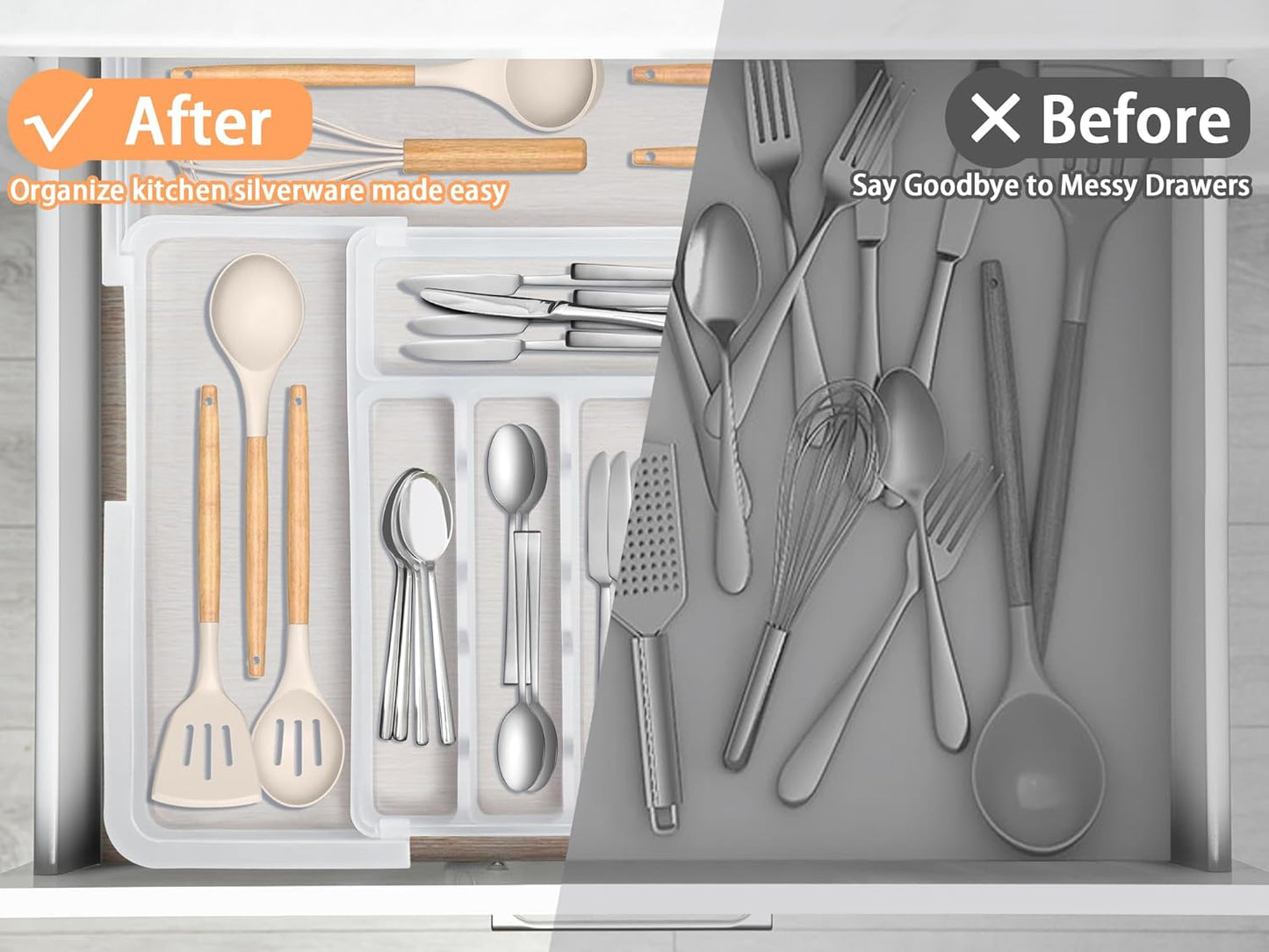 Silverware Organizer Expandable Kitchen Utensil Drawer Organizer Large BPA Free Adjustable Cutlery Silverware Tray for Spoons Forks Knives Storage Divider for Kitchen Flatware 6-9 Slots Black