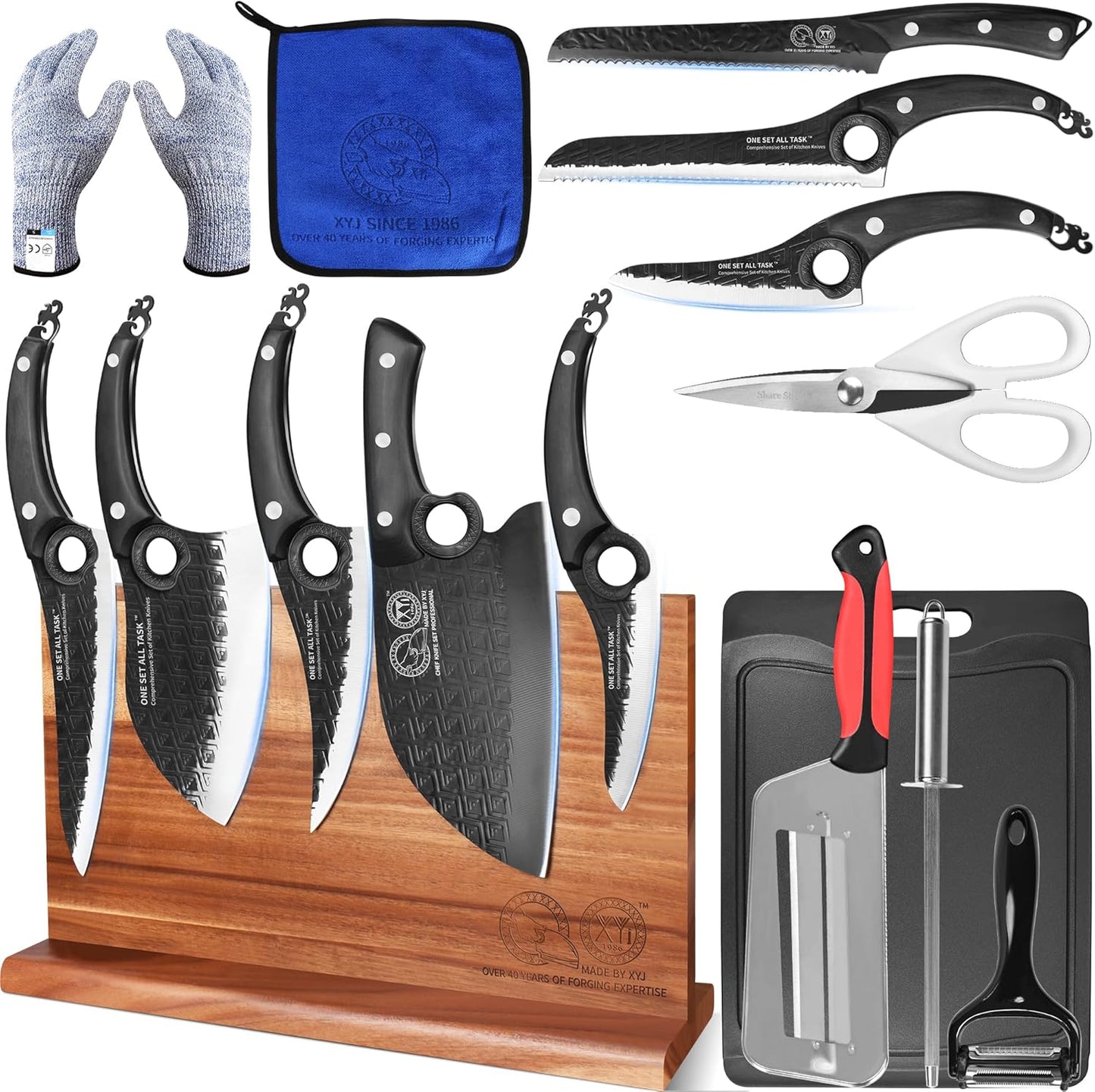 Authentic Since 1986,Knife Block Set,Full Tang Kitchen Knives with Magnetic Knife Block,Scissors,Honing Steel,Gloves,Washing Towel,Meat Cleaver Boning Slicing Bread Butcher Knife,Wood Handle