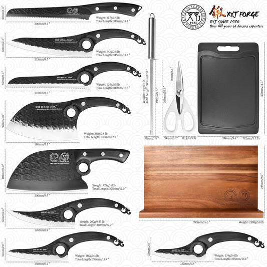 Authentic Since 1986,Knife Block Set,Full Tang Kitchen Knives with Magnetic Knife Block,Scissors,Honing Steel,Gloves,Washing Towel,Meat Cleaver Boning Slicing Bread Butcher Knife,Wood Handle