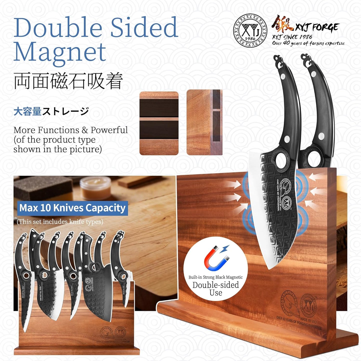 Authentic Since 1986,Knife Block Set,Full Tang Kitchen Knives with Magnetic Knife Block,Scissors,Honing Steel,Gloves,Washing Towel,Meat Cleaver Boning Slicing Bread Butcher Knife,Wood Handle