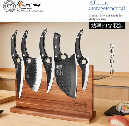Authentic Since 1986,Knife Block Set,Full Tang Kitchen Knives with Magnetic Knife Block,Scissors,Honing Steel,Gloves,Washing Towel,Meat Cleaver Boning Slicing Bread Butcher Knife,Wood Handle