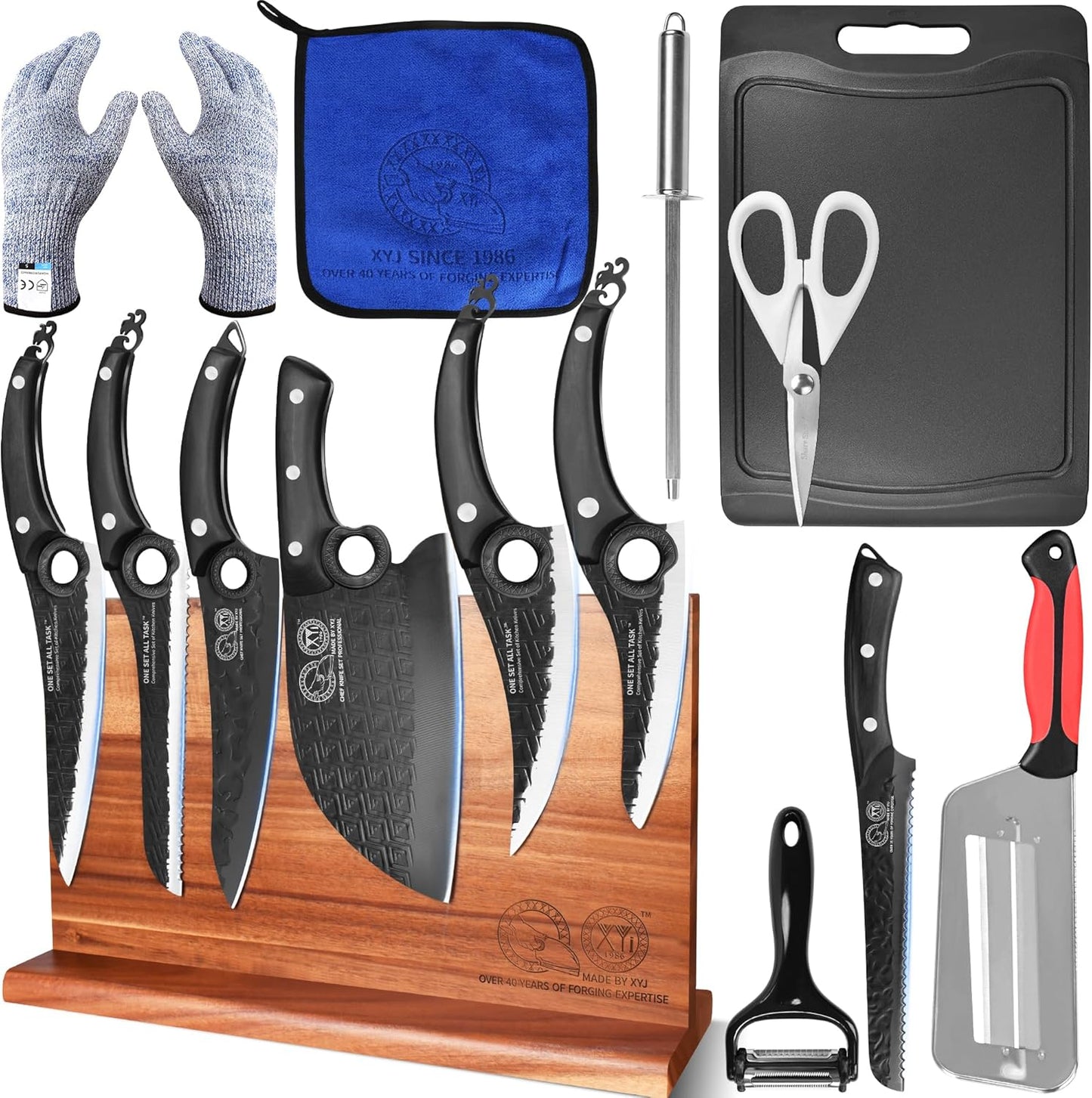 Authentic Since 1986,Knife Block Set,Full Tang Kitchen Knives with Magnetic Knife Block,Scissors,Honing Steel,Gloves,Washing Towel,Meat Cleaver Boning Slicing Bread Butcher Knife,Wood Handle