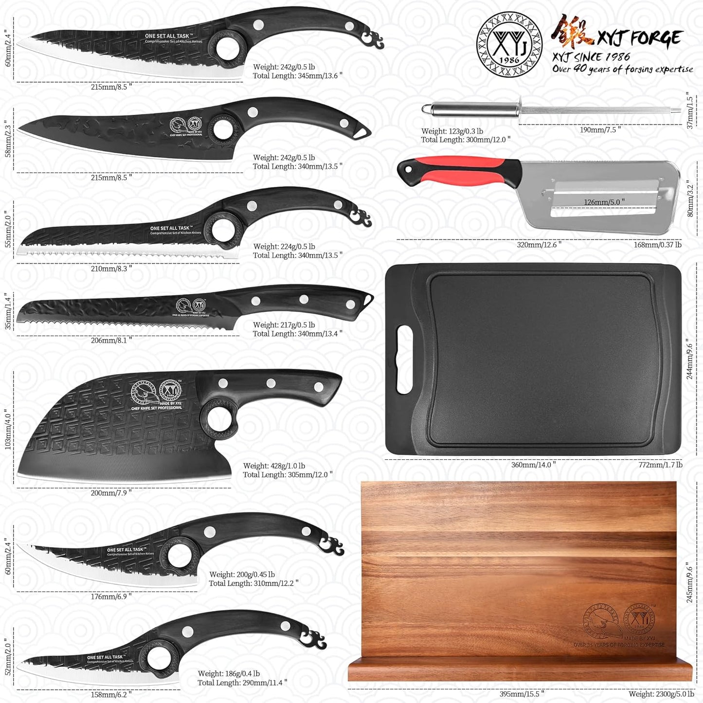 Authentic Since 1986,Knife Block Set,Full Tang Kitchen Knives with Magnetic Knife Block,Scissors,Honing Steel,Gloves,Washing Towel,Meat Cleaver Boning Slicing Bread Butcher Knife,Wood Handle