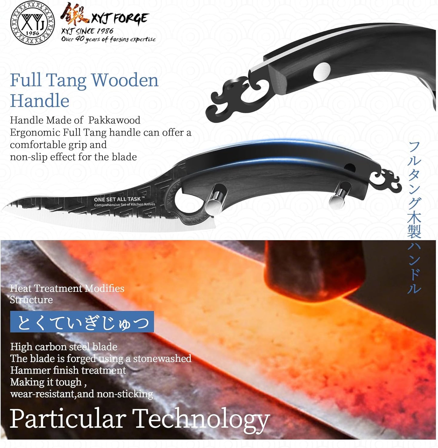 Authentic Since 1986,Knife Block Set,Full Tang Kitchen Knives with Magnetic Knife Block,Scissors,Honing Steel,Gloves,Washing Towel,Meat Cleaver Boning Slicing Bread Butcher Knife,Wood Handle