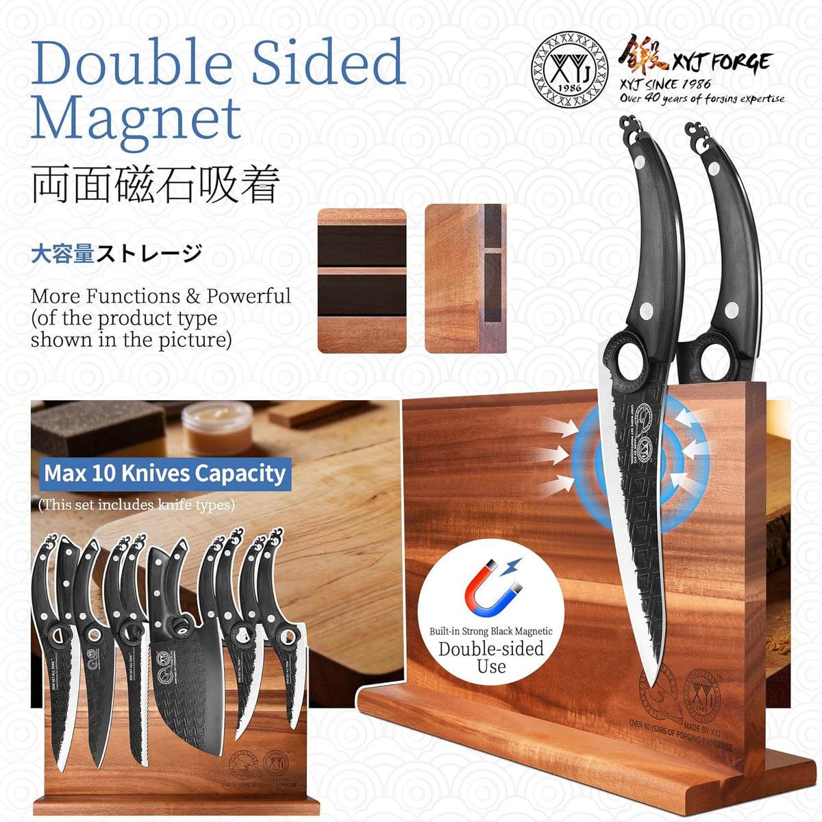 Authentic Since 1986,Knife Block Set,Full Tang Kitchen Knives with Magnetic Knife Block,Scissors,Honing Steel,Gloves,Washing Towel,Meat Cleaver Boning Slicing Bread Butcher Knife,Wood Handle