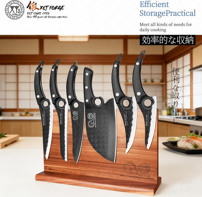 Authentic Since 1986,Knife Block Set,Full Tang Kitchen Knives with Magnetic Knife Block,Scissors,Honing Steel,Gloves,Washing Towel,Meat Cleaver Boning Slicing Bread Butcher Knife,Wood Handle