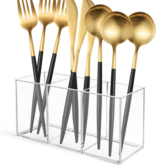 Acrylic Silverware Caddy Cutlery Storage Organizer Bin Clear 3 Compartments Tableware Storage Box for Kitchen Countertop, Knife Spoon and Fork Holder