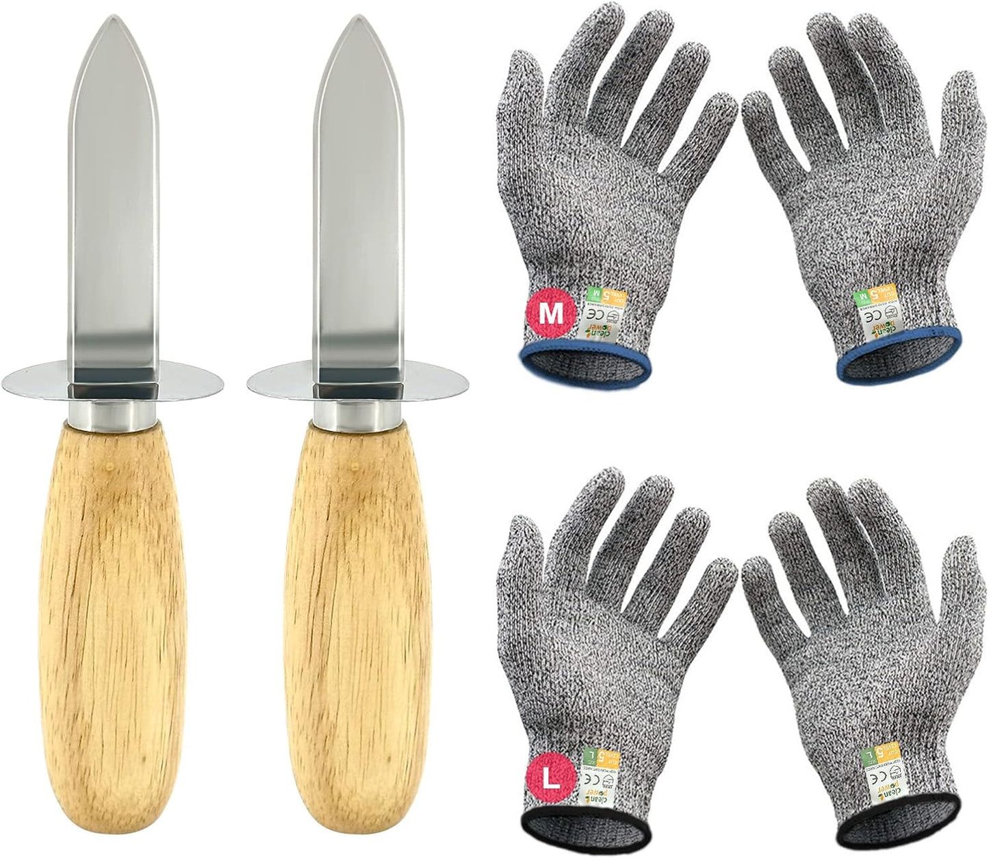 Oyster Shucking Knife Set of 2 Stainless Steel Oyster Knifes and 2 Pairs Level 5 Cut-Resistant Gloves，Oyster Knives Suitable for All Kinds of Shells and Oysters Shucking
