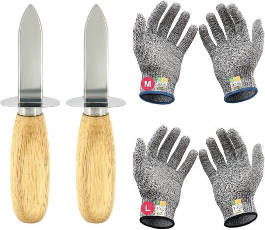 Oyster Shucking Knife Set of 2 Stainless Steel Oyster Knifes and 2 Pairs Level 5 Cut-Resistant Gloves，Oyster Knives Suitable for All Kinds of Shells and Oysters Shucking
