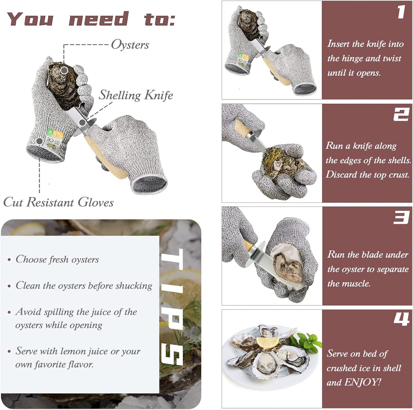 Oyster Shucking Knife Set of 2 Stainless Steel Oyster Knifes and 2 Pairs Level 5 Cut-Resistant Gloves，Oyster Knives Suitable for All Kinds of Shells and Oysters Shucking