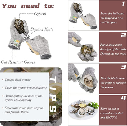 Oyster Shucking Knife Set of 2 Stainless Steel Oyster Knifes and 2 Pairs Level 5 Cut-Resistant Gloves，Oyster Knives Suitable for All Kinds of Shells and Oysters Shucking