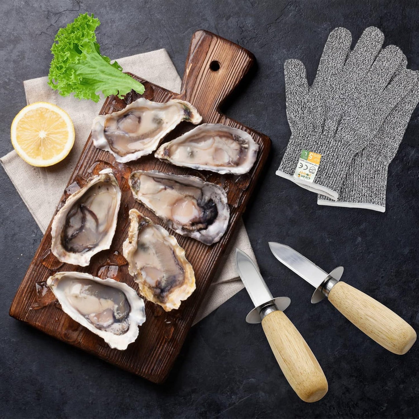 Oyster Shucking Knife Set of 2 Stainless Steel Oyster Knifes and 2 Pairs Level 5 Cut-Resistant Gloves，Oyster Knives Suitable for All Kinds of Shells and Oysters Shucking