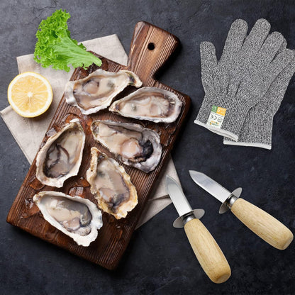 Oyster Shucking Knife Set of 2 Stainless Steel Oyster Knifes and 2 Pairs Level 5 Cut-Resistant Gloves，Oyster Knives Suitable for All Kinds of Shells and Oysters Shucking