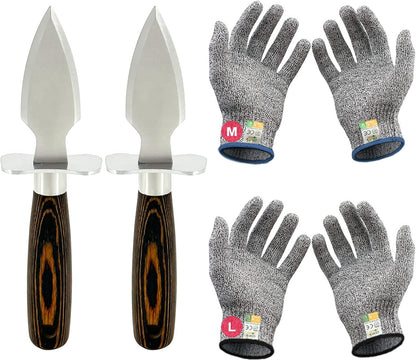 Oyster Shucking Knife Set of 2 Stainless Steel Oyster Knifes and 2 Pairs Level 5 Cut-Resistant Gloves，Oyster Knives Suitable for All Kinds of Shells and Oysters Shucking