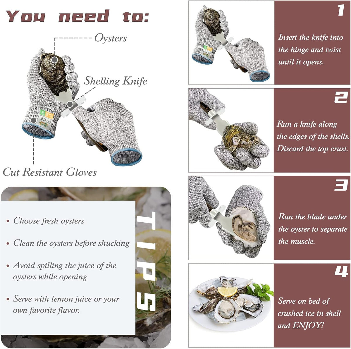 Oyster Shucking Knife Set of 2 Stainless Steel Oyster Knifes and 2 Pairs Level 5 Cut-Resistant Gloves，Oyster Knives Suitable for All Kinds of Shells and Oysters Shucking