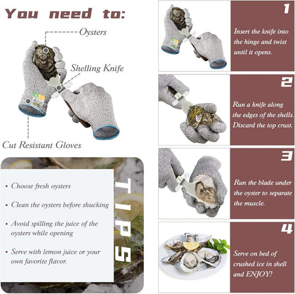 Oyster Shucking Knife Set of 2 Stainless Steel Oyster Knifes and 2 Pairs Level 5 Cut-Resistant Gloves，Oyster Knives Suitable for All Kinds of Shells and Oysters Shucking