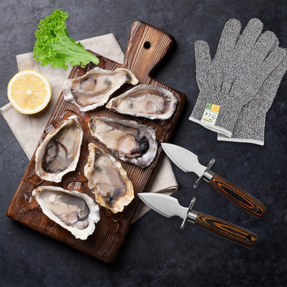 Oyster Shucking Knife Set of 2 Stainless Steel Oyster Knifes and 2 Pairs Level 5 Cut-Resistant Gloves，Oyster Knives Suitable for All Kinds of Shells and Oysters Shucking