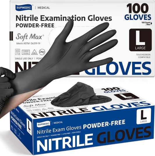 Soft Max Disposable Nitrile Exam Gloves, Powder-Free Black 100 Ct | Soft Max™ Disposable Nitrile Exam Gloves Latex-Free Powder-Free Medical Food Safe Cooking Cleaning, 100 Ct Black