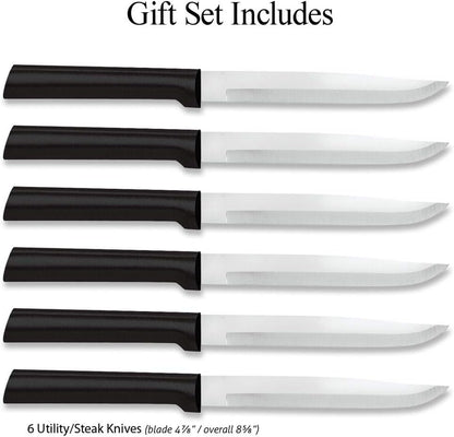 Six Utility/Steak Knives Gift Set (G206), Black Handle | 6-Piece Knife Set , Stainless Steel Blade, Black Resin Handle