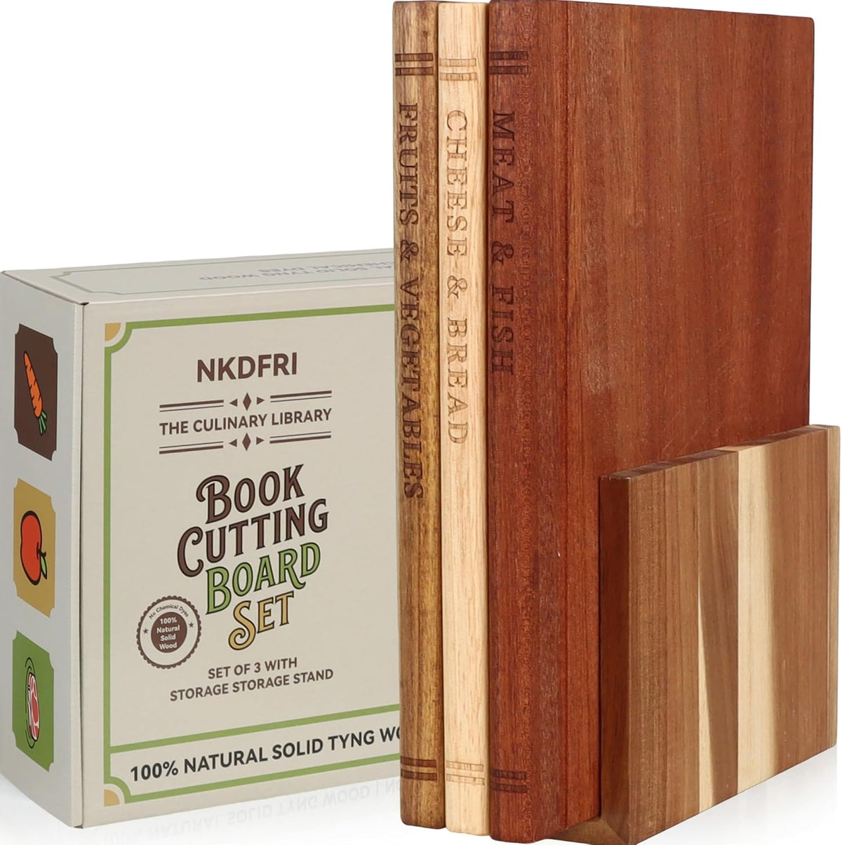 Wood Book Cutting Board Set with Stand, Wooden Cutting Boards for Kitchen,Knife Friendly Decorative Board that Look Like Books, Easy to Store & Clean,Unique Gift for Book Lovers & Home Cooks