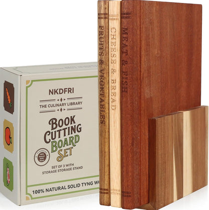 Wood Book Cutting Board Set with Stand, Wooden Cutting Boards for Kitchen,Knife Friendly Decorative Board that Look Like Books, Easy to Store & Clean,Unique Gift for Book Lovers & Home Cooks