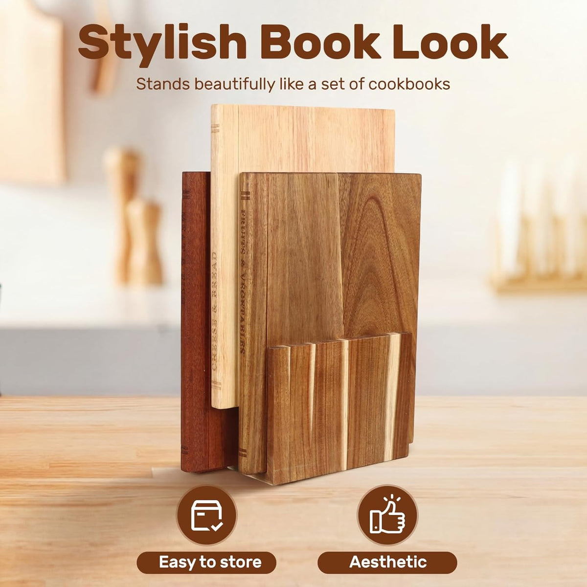 Wood Book Cutting Board Set with Stand, Wooden Cutting Boards for Kitchen,Knife Friendly Decorative Board that Look Like Books, Easy to Store & Clean,Unique Gift for Book Lovers & Home Cooks